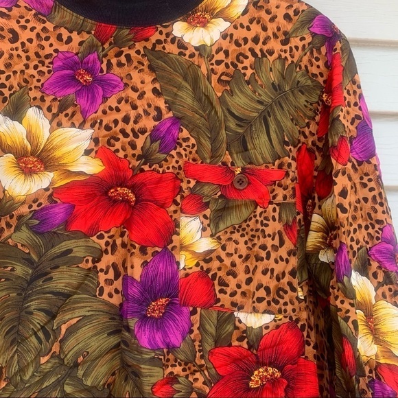 Vintage animal print tropical farm Rio floral long sleeve button back blouse 10 - Picture 7 of 7